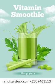 Celery vitamin smoothie. Natural healthy green products celery parsley in liquid form decent vector realistic placard template for print design project