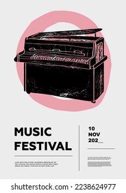 Celesta, celeste, bell-piano. Music festival poster. Percussion musical instruments. Competition. A set of vector illustrations. Minimalistic design. Banner, flyer, cover, print.