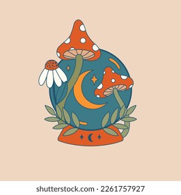 Celestial abstract clip art with crystal ball, retro flowers, moon, amanita. Modern psychedelic art. Hippie groovy esoteric illustration. Flat design. Predicting the future concept for card, sticker.