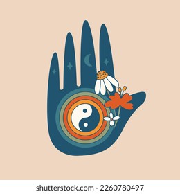 Celestial abstract clip art with hand,  yin yang symbol, retro flowers, moon, stars. Modern psychedelic art. Hippie groovy esoteric illustration. Flat design. 60's, 70's concept for card, poster.