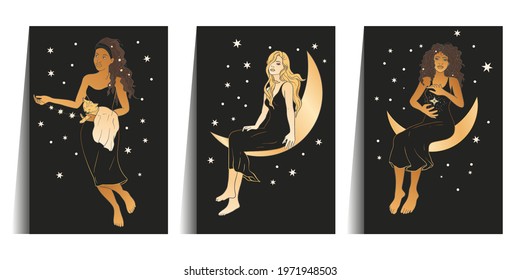 Celestial African American woman and cat sacred astrology boho esoteric art. Moon and star golden magic girl black card set.