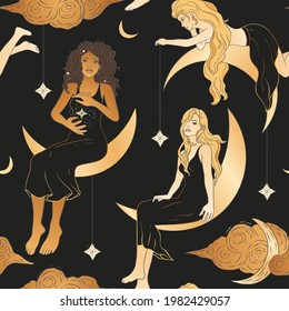 Celestial African American woman and moon esoteric golden seamless pattern. Boho astronomy astrology lunar magic background.