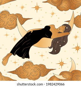 Celestial African American woman and moon esoteric golden seamless pattern. Boho astronomy astrology lunar magic background.