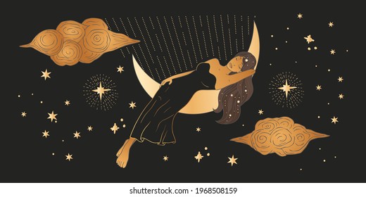 Celestial African American woman sacred astrology feminine boho esoteric golden and black black art. Girl sleeping on the moon. Star magic golden vector.