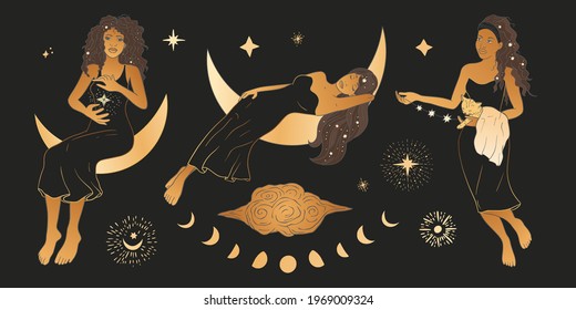 Celestial African American woman sacred astrology feminine boho esoteric golden and black black art. Moon and star magic golden vector.