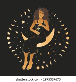 Celestial African American woman sacred astrology feminine boho esoteric golden and black black card art. Girl on the moon and star magic vector poster.