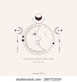 Celestial alchemy esoteric mystical magic talisman with moon phases, stars sacred geometry tattoo logo template. Spiritual occultism object. Vector illustrations in black outline style