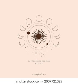 Celestial alchemy esoteric mystical magic talisman with sun, moon phases, stars sacred geometry tattoo logo template. Spiritual occultism object. Vector illustrations in black outline style