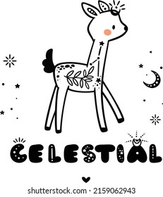 Ilustración animal celeste, niño lunar, ciervo estrellado