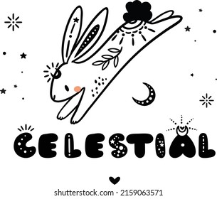 Celestial animal illustration, moon child, starry bunny