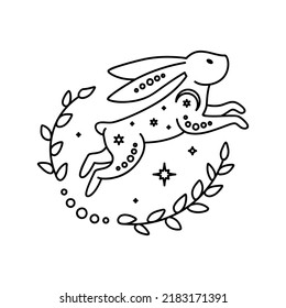 Celestial animal jumping rabbit. Magic bunny with natural elements. Black outline magical bunny rabbit, mystic crescent moon esoteric symbol, constellation elements. Vector rabbit for decoration