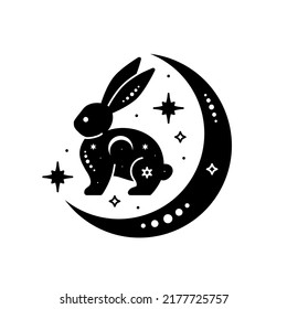 Celestial animal silhouette of sitting rabbit with moon. Magic bunny. Black magical bunny rabbit, mystic crescent moon esoteric symbol, constellation elements. Vector rabbit for decoration. Celestial 