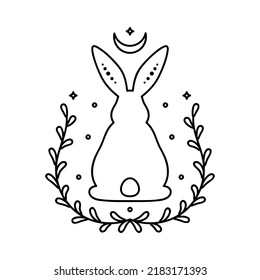 Celestial animal sitting back rabbit. Magic bunny with natural elements. Black outline magical bunny rabbit, mystic crescent moon esoteric symbol, constellation elements. Vector rabbit for decoration.