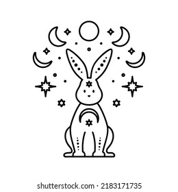 Celestial animal sitting rabbit with moons and stars. Magic bunny. Black outline magical bunny rabbit, mystic crescent moon esoteric symbol, constellation elements. Vector rabbit for decoration