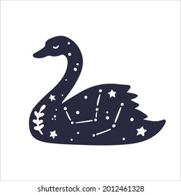 Celestial animals Swan. Starry elements isolated. Black shapes aniamals. Wild moon kids collection. Hand drawn tatoo, stars, constellations. Vector illustration.