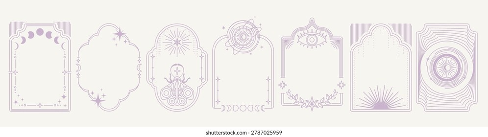 Celestial arch frame set with mystic astrology symbols. Vector illustration of bohemian line art windows with esoteric moth, sun, moon, star, flower, eye signs, vintage tarot card design elements