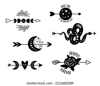 Celestial arrows set. Love arrow symbols. Celestial moon phase shape, flower, planet, floral snake. Love symbol. Decorative romantic moon cycle graphic element isolated on white. Vector illustration.