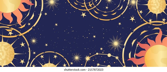 Celestial astrological background with constellations, stars, sun and moon. Mystical astrology, celestial space with golden signs. Vector illustration