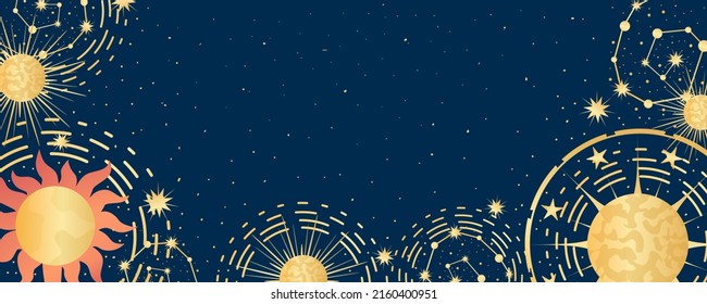 Celestial astrological background with constellations, stars, sun and moon. Mystical astrology, celestial space with golden signs. Vector illustration