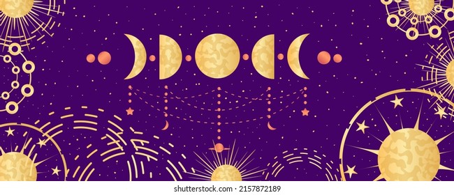 Celestial astrological background with moon phase and constellations. Mystical astrology, celestial space with golden signs. Vector illustration