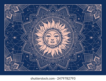 Celestial astrological mandala with sun, magic tarot card, vector celestial poster for print, card, packaging. Modern hand drawn illustration.