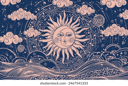 Celestial astrology card of the sun and moon with face, vector esoteric poster of zodiac, horoscope, tarot. Creation of the Universe with clouds, stars and sun.