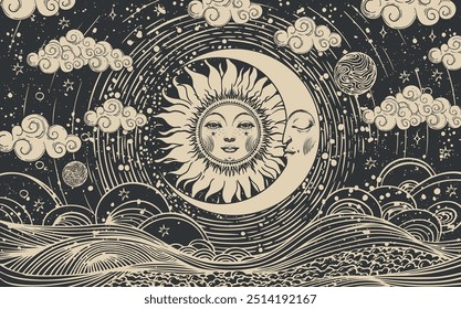 Celestial astrology card of the sun and moon with face, vector esoteric poster of zodiac, horoscope, tarot. Creation of the Universe with clouds, stars and sun.