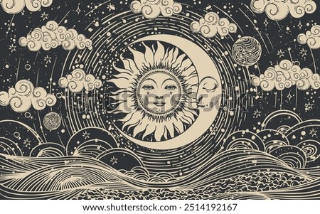 Celestial astrology card of the sun and moon with face, vector esoteric poster of zodiac, horoscope, tarot. Creation of the Universe with clouds, stars and sun.