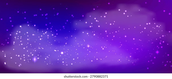  Celestial backdrop with twinkling constellations and nebulous formations. Purple-tinted cosmos featuring glowing celestial bodies, silver particles, and deep universe atmosphere.