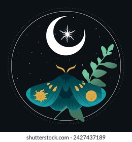 Celestial background with blue moth, star and crescent moon. Vector illustration