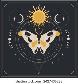 Celestial background with a butterfly, sun, crescent and stars. Magical boho illustration. Vector illustration