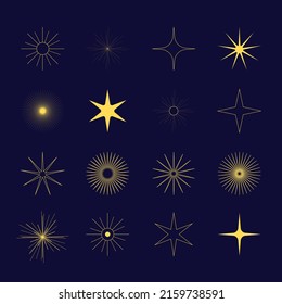 Fondo celeste con un espacio de copia. Afiche místico con estrellas ornamentadas, forma de sol. Banner mágico de color oscuro con un lugar para el texto. Ilustración vectorial editable