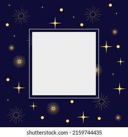 Celestial background with a copy space. Mystical poster with an ornate stars, sun shape. Magical banner in dark color with a place for text. Editable vector illustration