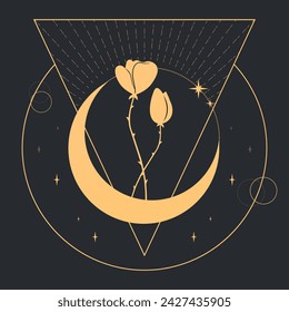 Celestial background with a crescent, stars and flowers. Magical vector illustration