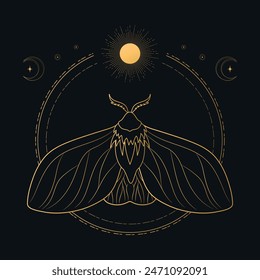 Celestial background with golden moth, sun and crescent moon. Magical, mystical concept. Vector illustration