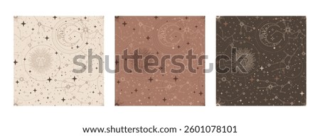 Celestial background with stars and magic design elements. Contemporary seamless pattern set. Trendy mocha mousse palette. Vector illustration. Modern Art design. For paper, cover, fabric, interior
