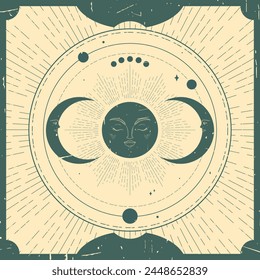 Celestial background with a sun and crescents. Spiritual chart, magic board. Vintage retro style, grunge texture. Vector illustration