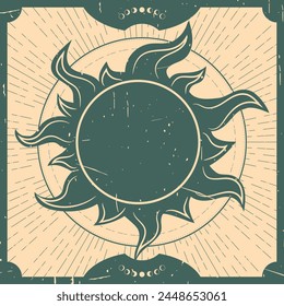 Celestial background with a sun. Spiritual chart, magic board. Vintage retro style, grunge texture. Vector illustration