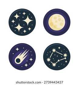 Celestial badge set for star party, round constellation stickers, glowing moon token, comet emblem, outreach session handouts, astronomy club
