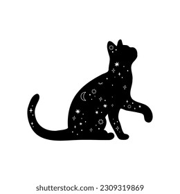 Celestial balck cat with stars and constellations Mysterious black moon cat. Magic domestic animal silhouette with stars, moon. Mystical vector illustration. Magic celestial black isolated element.