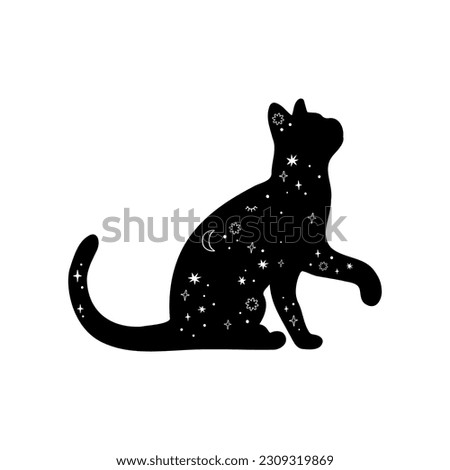 Celestial balck cat with stars and constellations Mysterious black moon cat. Magic domestic animal silhouette with stars, moon. Mystical vector illustration. Magic celestial black isolated element.