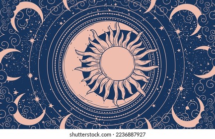 Celestial banner for astrology, background for tarot, concept of zodiac signs and prediction of the future. Boho ornament with sonnet and moon, mystical vector illustration.