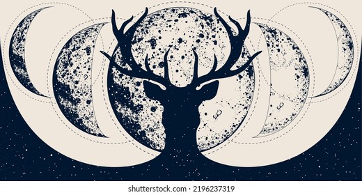 Celestial banner with deer silhouette, lunar phases. Full moon. Vector background for landing page, web design. Astrology, fortune telling, tarot reading concept. Book cover, poster. Wicca Triple moon