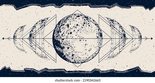 Banner celeste con fases lunares, geometría sagrada. Luna llena. Fondo vectorial para la página de inicio, diseño web. Astrología, adivinanza de fortuna, concepto de lectura de tarot. Portada del libro, afiche. Luna Triple de Wicca