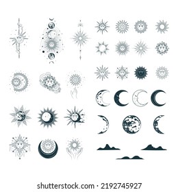 Celestial big collection  of suns and moons with faces. 34 mystical elements for esoteric design, zodiac, stickers, tarot cards, astrology and tattoo. Hand drawn illustration in boho style.