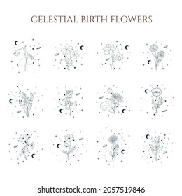 Celestial birth month flower set. Vector isolated geometrical and spiritual plants, moon and stars for greeting cards and invitations.