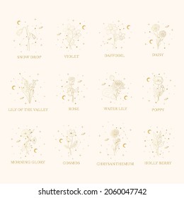 Celestial birth month gold flower set. Vector isolated geometrical and spiritual plants, moon and stars for gift cards and wedding invitations.