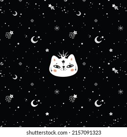 Celestial black cat, starry night, moon child illustration