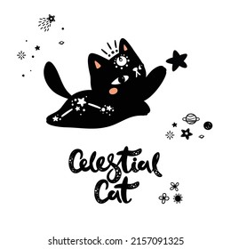 Celestial black cat, starry night, moon child illustration