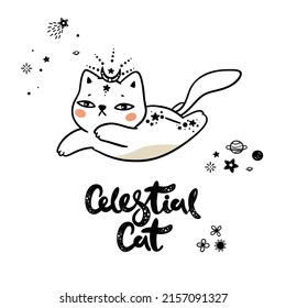 Himmelsschwarze Katze, Sternennacht, Mondkindergrafik